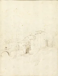 Moulin à eau avec figures sur un pont en arc