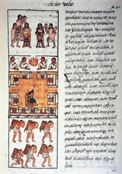 Société aztèque, musiciens, roi et marchands, texte en nahuatl, fac-similé du Codex Florentin