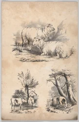 Vignette avec deux moutons, Vignette avec deux vaches dans une mare, et Vignette d