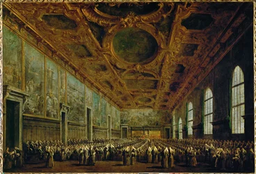 Après son élection, le Doge remercie le Grand Conseil dans la salle du Grand Conseil du Palais des Doges à Venise, en Italie ...