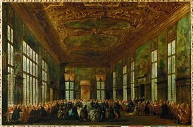 Repas de cérémonie au Palais des Doges dans la salle du Grand Conseil, le Doge étant assis au centre de l