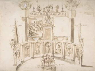 Conception pour une fête de jardin avec un mur semi-circulaire et des statues dans des niches, vers 1635-79