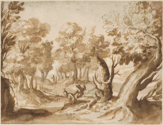 Deux figures pêchant dans un paysage