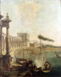 Un capriccio, port avec des figures chargeant un ferry