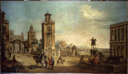 Scène de rue dans une ville, la grande place avec monuments