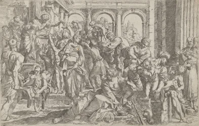 Saint Roch distribuant des aumônes à un groupe de personnes autour de lui, après..., 1590-1600