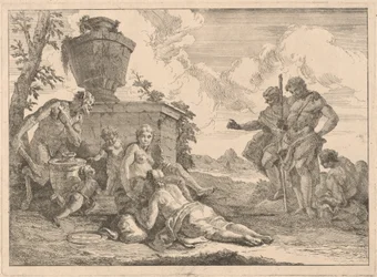Un satyre avec un bâton et sept autres figures