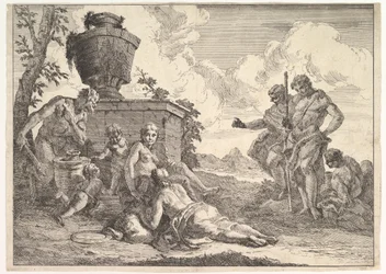 Satyre avec une massue et sept figures, des Bacchanales et Histoires, 1744