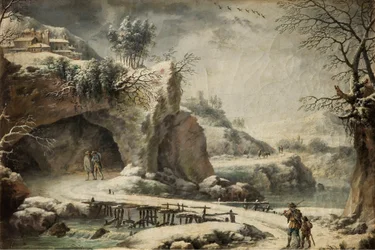 Un paysage de rivière gelée avec des personnages