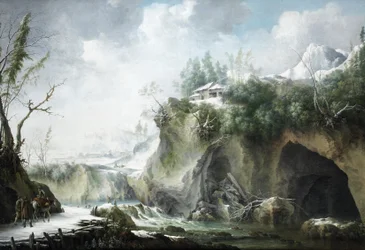Paysage fluvial en hiver, avec des voyageurs sur un chemin enneigé