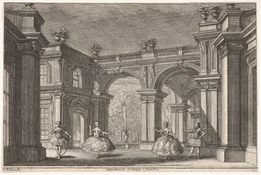 Deux dames et deux messieurs dansant dans un cadre architectural orné, une fontaine en arrière-plan, 1765