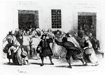 Le pillage de la boulangerie des béquilles, épisode des Fiancés, par Alessandro Manzoni (1785-1873), illustration de Francesco Gonin (1808-1889) édition de 1840