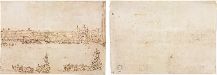 Une procession de chars triomphaux sur la Piazza San Marco, Venise, célébrant la visite des Conti del Nord (recto) Trois esquisses d