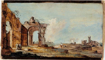 Caprice, avec arche en ruine et maisons de pêcheurs