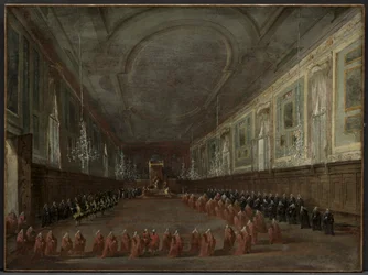 Le pape Pie VI descendant du trône pour prendre congé du doge dans la salle des SS. Giovanni e Paolo, 1782