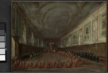 Le pape Pie VI descendant du trône pour prendre congé du doge dans la salle des SS. Giovanni e Paolo, 1782 et cérémonie pontificale dans les SS. Giovanni e Paolo, Venise, 1782, vers 1783
