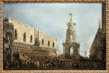 Le Doge de Venise assiste aux fêtes du Jeudi Gras sur la Piazzetta di San Marco, le Doge est à gauche, sous l