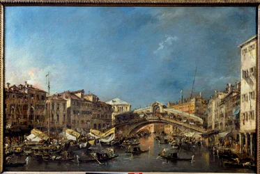 Le pont du Rialto à Venise au XVIIIe siècle. Peinture de Francesco Guardi (1712-1793). XVIIIe siècle. Soleil. 0,62 x 0,93 m. Toulouse, Musée des Augustins