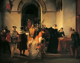 Marie Stuart protestant de son innocence devant les shérifs alors que sa sentence de mort est lue