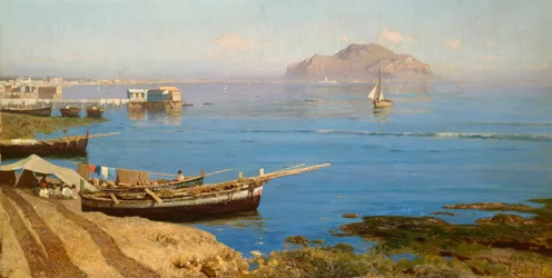 Marina avec bateau et pêcheurs, par Francesco Lojacono