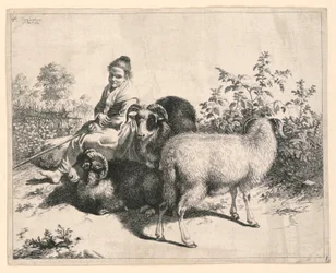 Jeune bergère surveillant des moutons