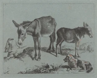 Âne avec son poulain, un chien et un paysan