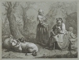 Trois bergères avec des moutons