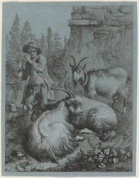 Berger jouant de la flûte à quatre chèvres