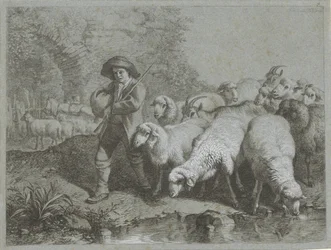 Berger avec troupeau de moutons et de chèvres