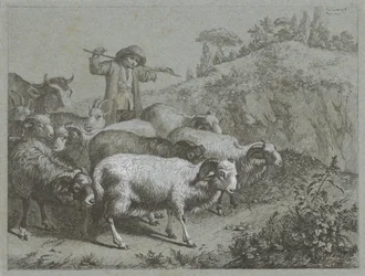 Berger avec béliers, chèvres et vache (Scènes pastorales)