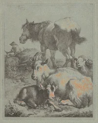 Cheval, bélier, chèvre avec chevreau, au loin un berger avec troupeau, 1759