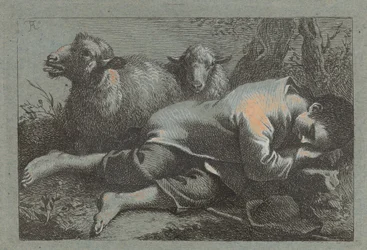 Garçon paysan endormi près de deux moutons