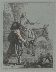 Paysanne assise sur un âne et un paysan