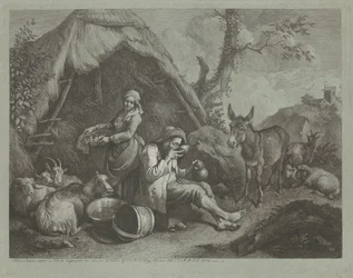 Vieil homme et femme assis avec un panier d