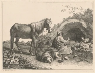Berger assis avec cheval, chien, chèvres et moutons