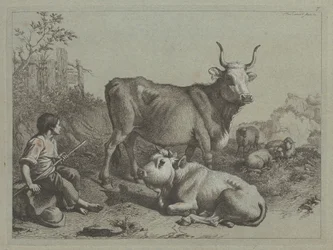Berger assis avec un taureau et un bouvillon