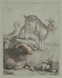 Bergère assise, un bélier, une brebis et une chèvre