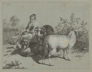 Bergère assise avec trois béliers