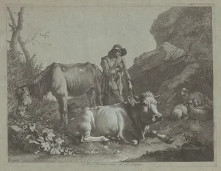 Berger se Reposant sur un Bâton avec un Vieux Cheval et un Taureau Allongé