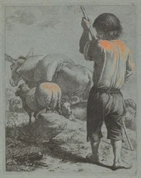Berger avec âne, moutons et chèvre