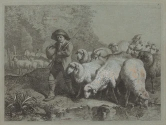 Berger avec un sac conduisant un troupeau