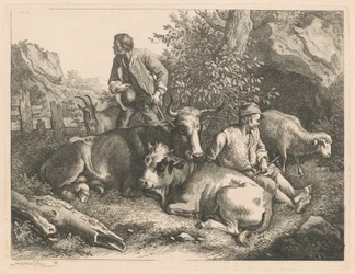 Deux bergers avec une vache et un veau