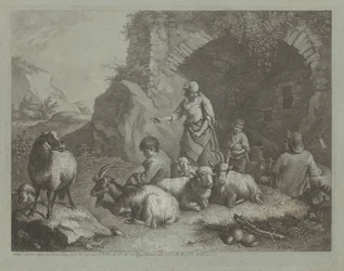 Femme, bergers et moutons près d