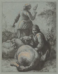Femme fileuse et berger avec troupeau, 1758-1759