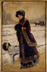 Jeune femme avec un chien Jeune bourgeoise portant une fourrure et une manche. Peinture de Francisco Miralles Galup (1848-1901) 19ème siècle Collection privée