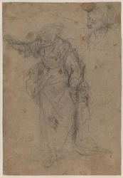 Femme lourdement drapée, debout, tournée vers la droite et regardant vers le bas avec son bras droit tendu, et une esquisse pour une tête