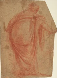 Femme lourdement drapée vue de dos