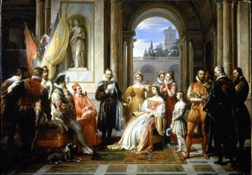Torquato Tasso (Le Muche) lisant sa Jérusalem délivrée (La Gerusalemme Liberata) à la cour de Ferrare. Peinture de Francesco Podesti (1800-1895)