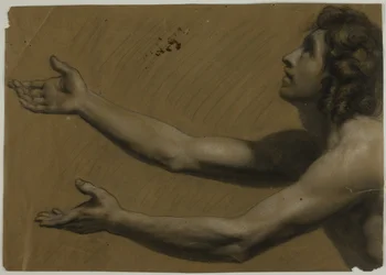 Jeune homme regardant vers le haut avec les bras tendus (recto) ; femme tenant un miroir (verso)