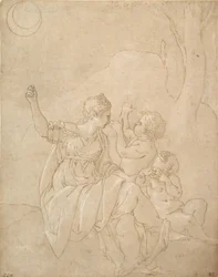 Figure féminine classique Diane ou Vénus avec deux enfants